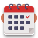 Red and white calendar icon with blue date squares and a red check mark