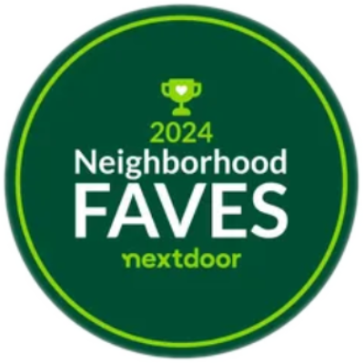 Green circular badge reading “2024 Neighborhood FAVES” with Nextdoor logo and trophy icon