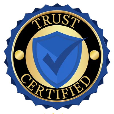 Blue and gold trust certified badge with shield and checkmark