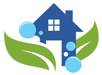 Blue house logo with green leaves and blue circles