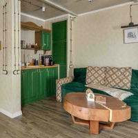 A cozy living area featuring a green sofa, wooden coffee table, and an adjacent kitchen with green cabinets.