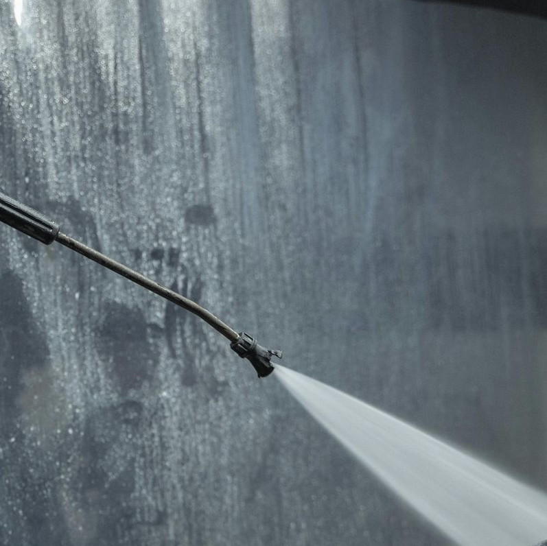 Pressure washer spraying water against a dark concrete wall