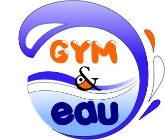 Logo avec des volutes violettes et bleues, « GYM » orange, « & » noir et texte « eau » bleu