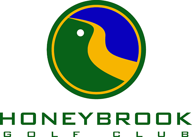 Logo of Honeybrook Golf Club: Green circle with yellow and blue inner design, a white dot, and club name below.