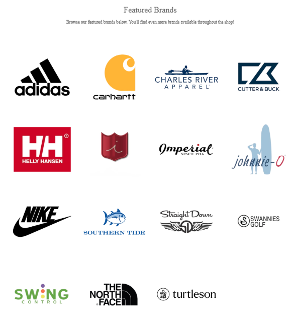 A list of famous brands including adidas , carhartt , hh , nike , swing and turtleson