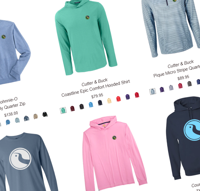 A variety of shirts and hoodies are on display