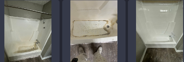 A before and after picture of a bathtub and shower.