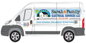 White electrical service van with “Sarah Family Electrical Services LLC” logo and contact information on the side