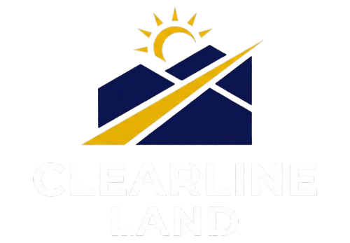 Clearline Land logo with blue house and yellow sunburst accents