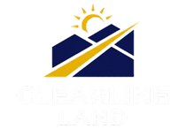 Clearline Land logo with blue house and yellow sunburst accents