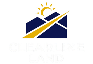 Clearline Land logo with blue house and yellow sunburst accents