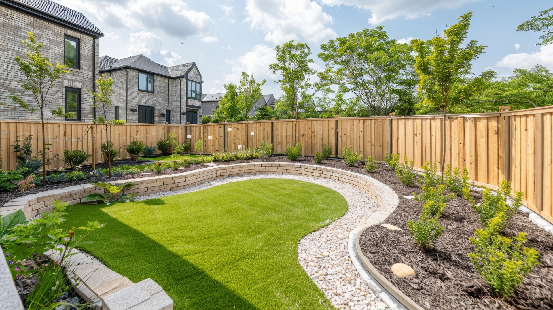 Curved backyard garden with green lawn, white stone border, flower beds, and a wooden fence beside modern homes