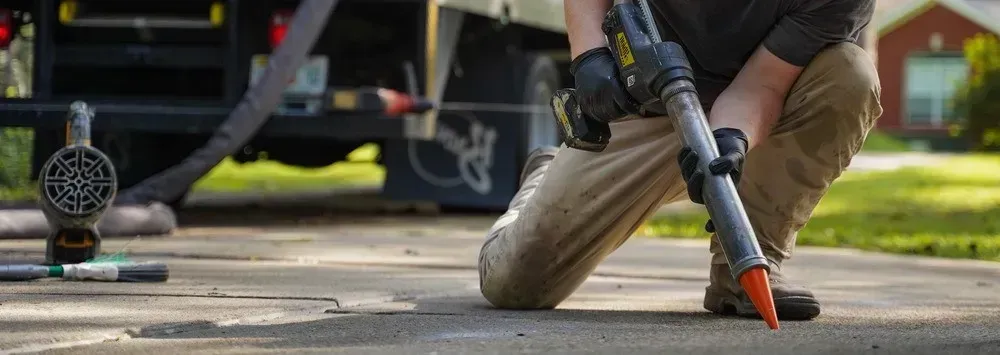 A man is kneeling down on the sidewalk holding a hose.