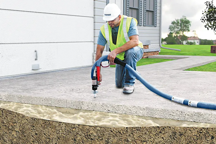 A man is kneeling down using an foam injector on a sidewalk.