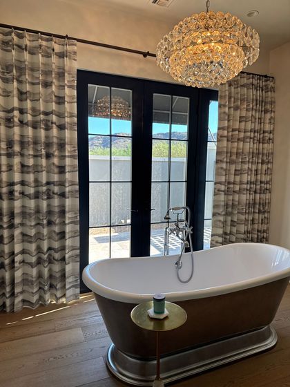 patterned hunter douglas curtains in living room