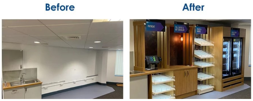 Before-and-after retail display area: empty white room transformed into warm wood shelves and lit beverage coolers.