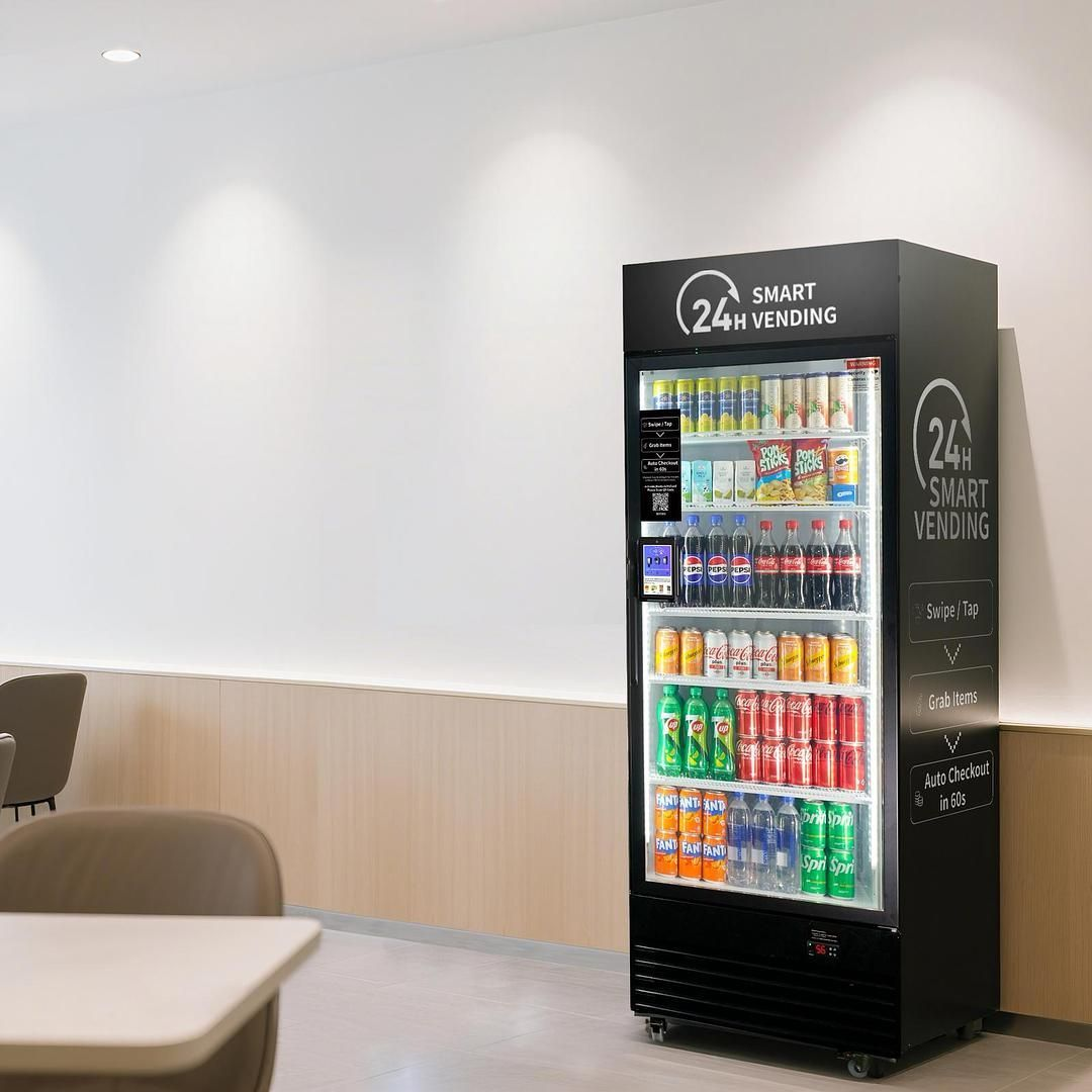 Snack and drink vending machine in a bright lounge with tables and chairs