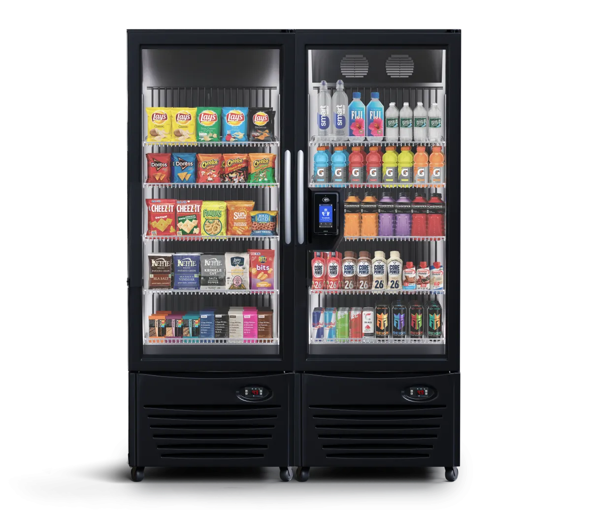 Black double-door vending machine stocked with snacks, drinks, and bottled water
