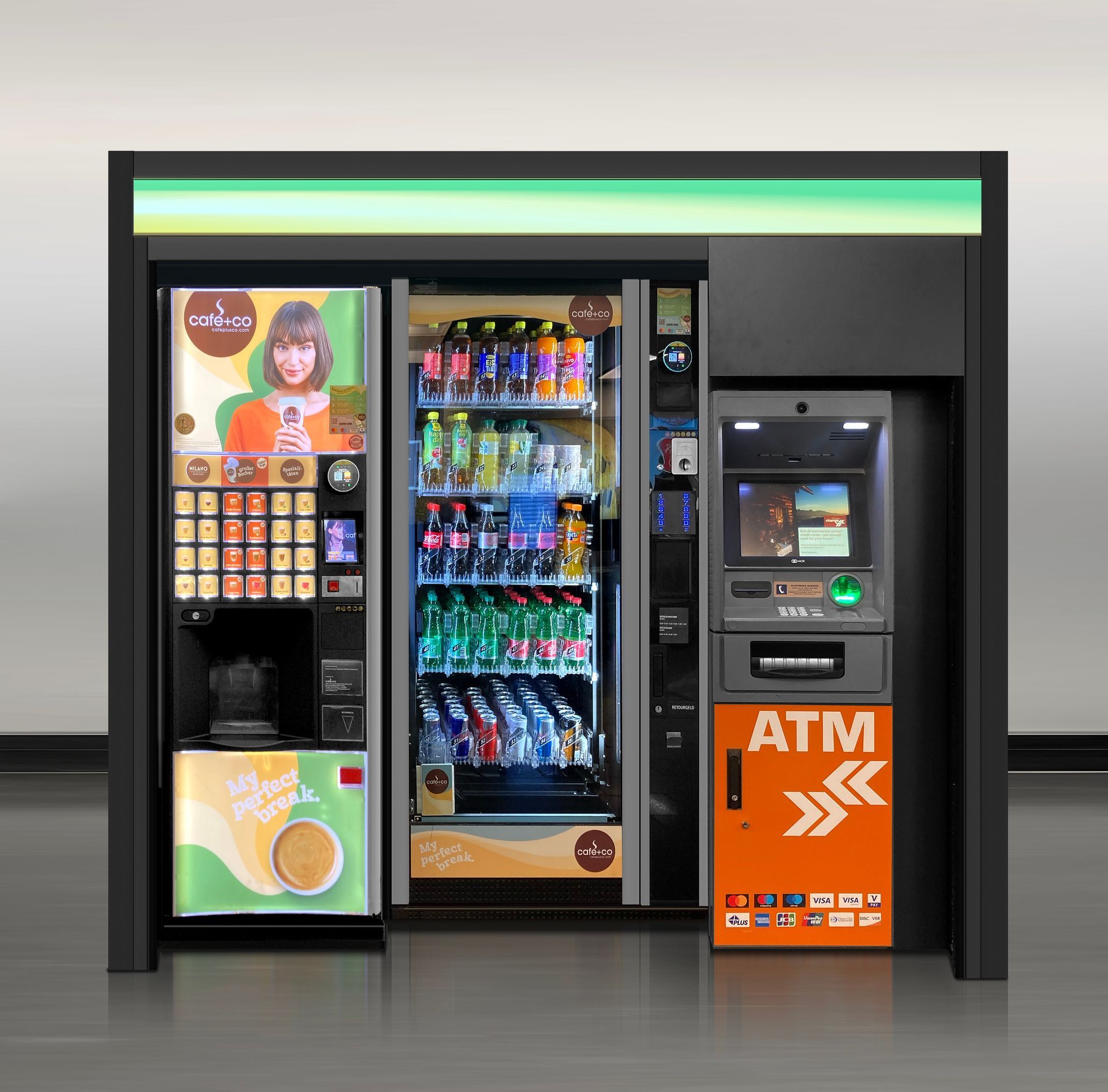 Vending machines and an ATM in a modern kiosk, with drinks, snacks, and orange signage.