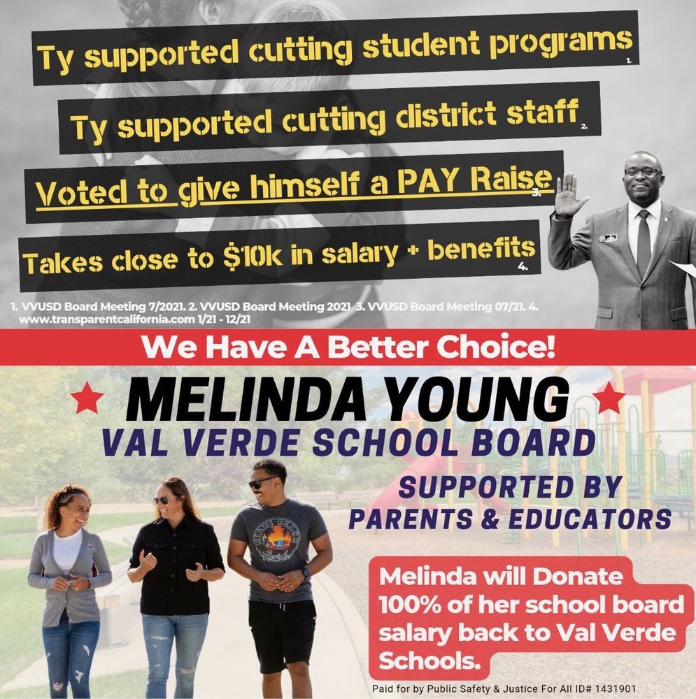 An advertisement for melinda young val verde school board