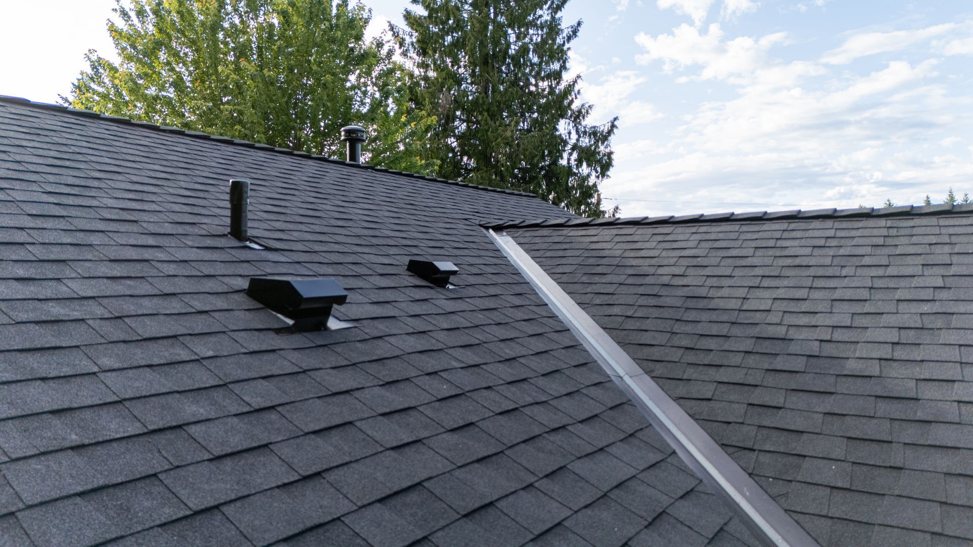 Gray shingled roof with two vents and a silver ladder leaning up the slope