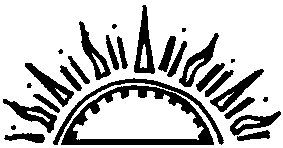 An orange graphic of a stylized, semi-circular rising sun with radiating beams.