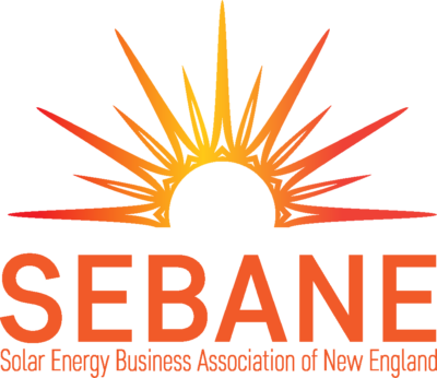 Logo for the Solar Energy Business Association of New England (SEBANE) featuring an orange sunburst above the text.