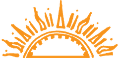 An orange graphic of a stylized, semi-circular rising sun with radiating beams.