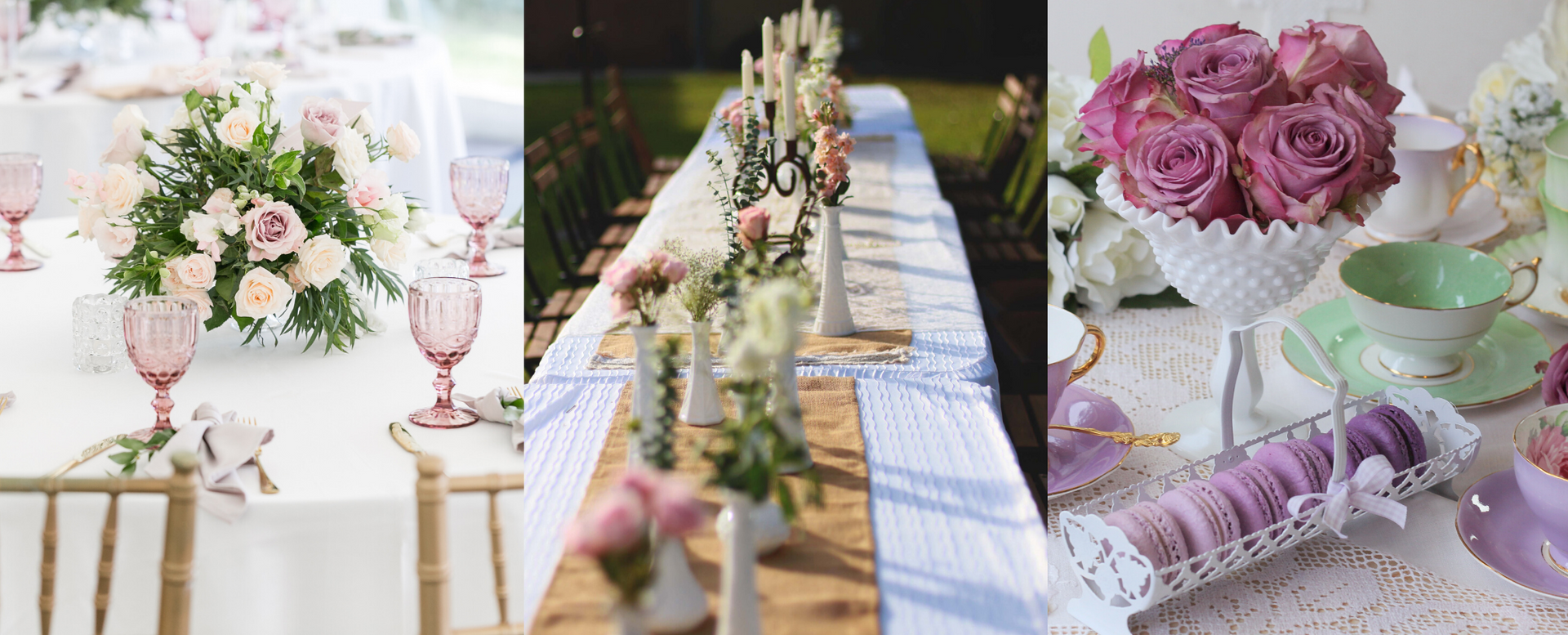 Pastel pink floral wedding table decor with candles, roses, and elegant place settings