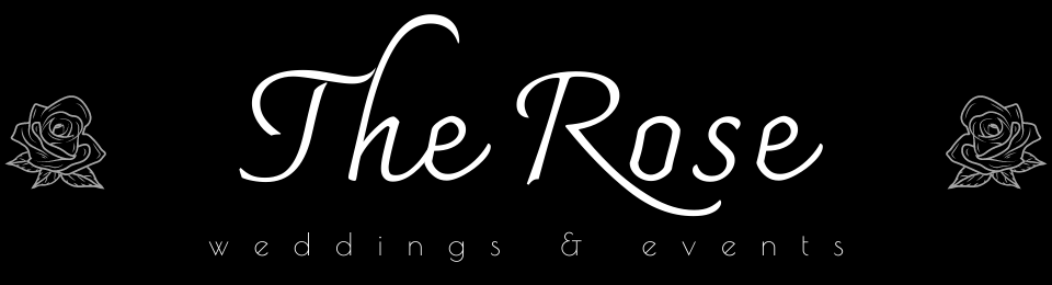 Black logo reading “The Rose” with “weddings & events” and floral accents on a dark background