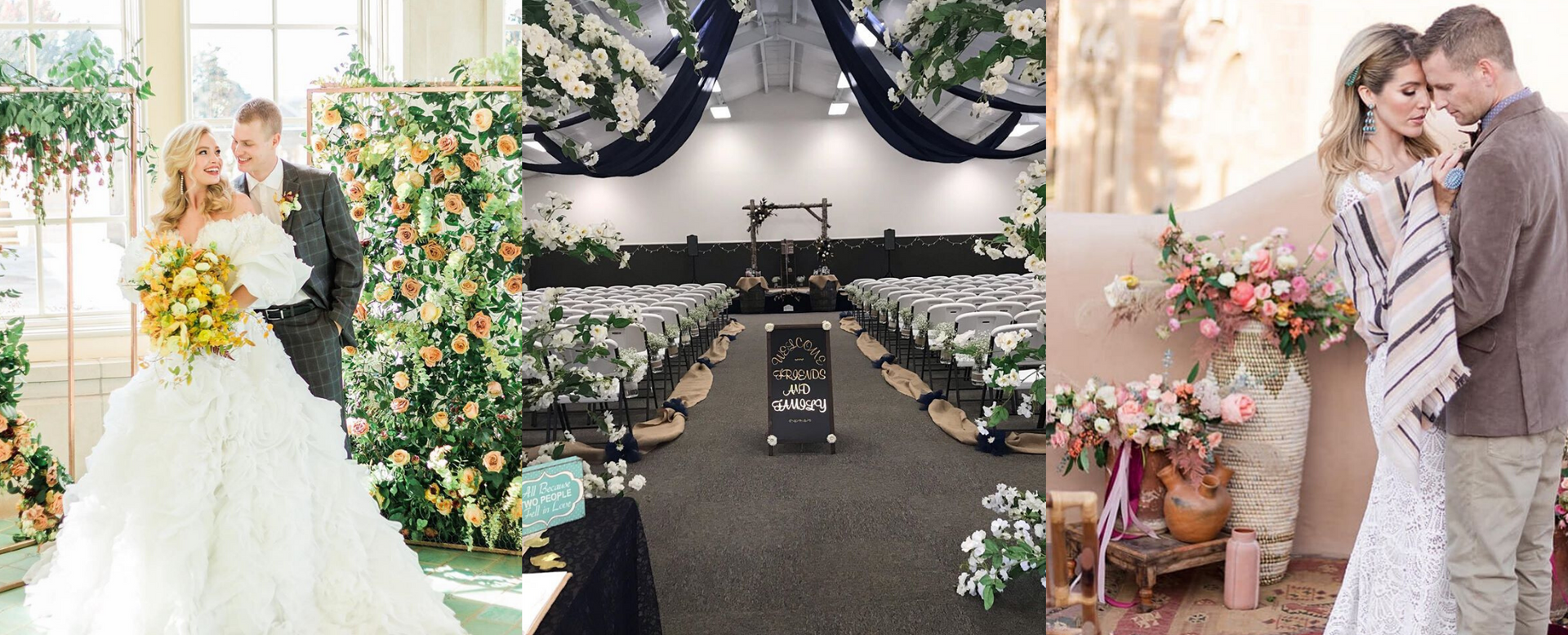 Wedding collage showing a bride holding flowers, a decorated aisle, and a couple embracing beside floral arrangements