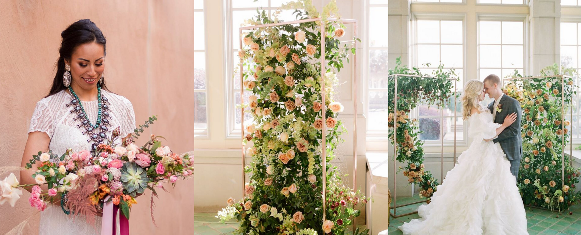 Bridal bouquet and wedding dress by a flower-draped window, with a bride holding flowers