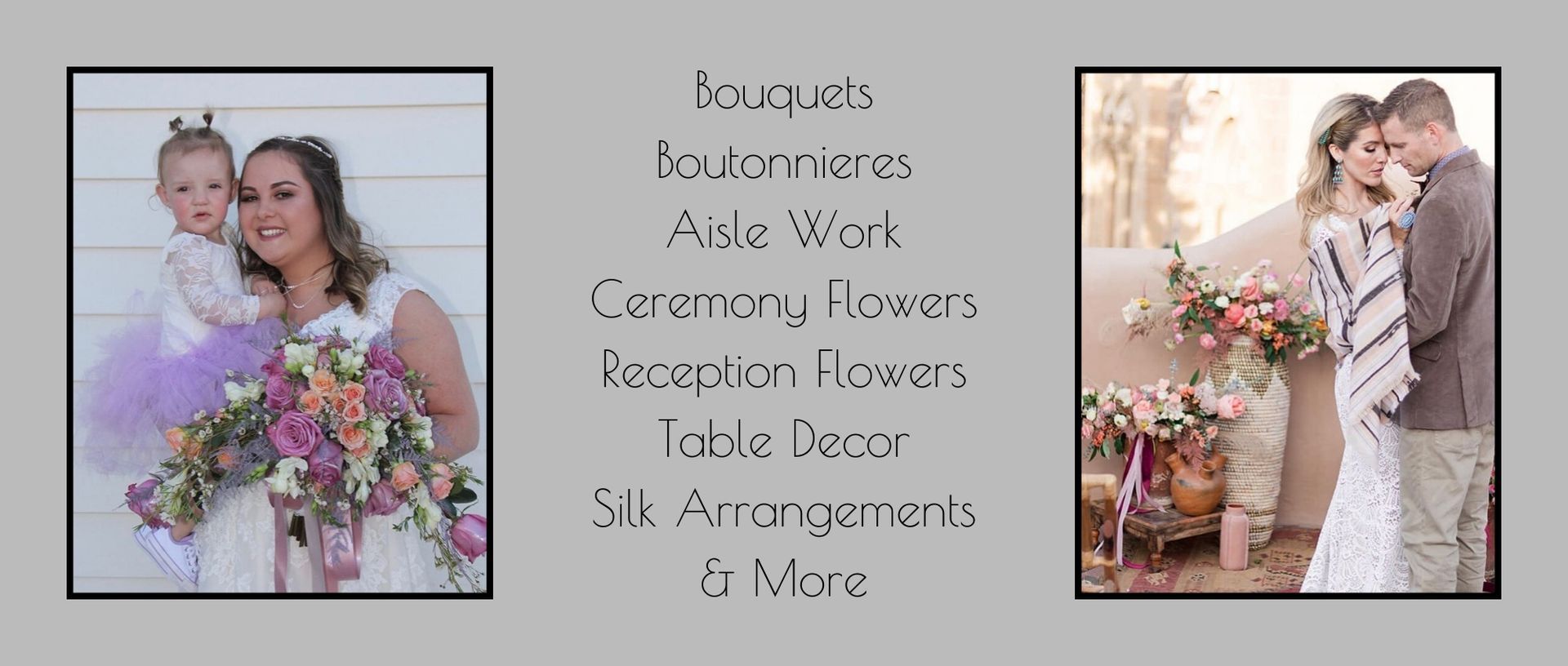 Promotional collage of floral bouquets and wedding arrangements with brides in pink and beige dresses