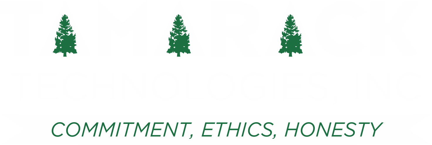 Tamarack Technologies Logo: Three green trees above the words “COMMITMENT, ETHICS, HONESTY” on a white background