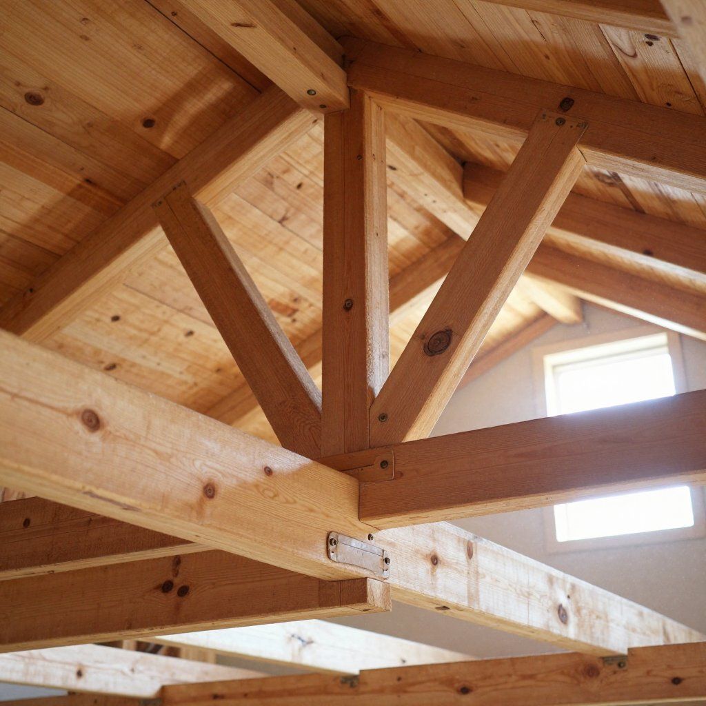 Charpente en bois, vue intérieure avec lumière naturelle.