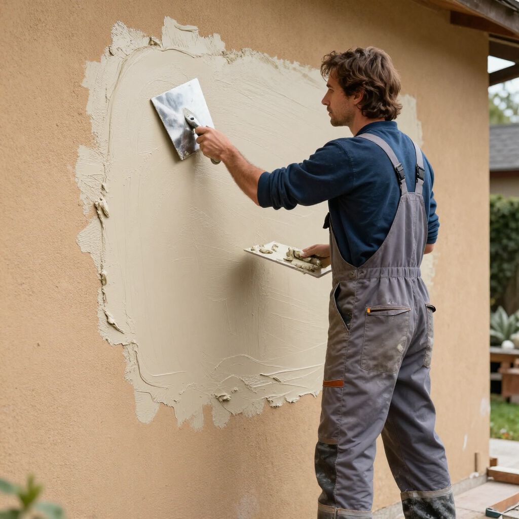 Un homme en salopette applique du plâtre sur un mur à l'aide d'une truelle, à l'extérieur.