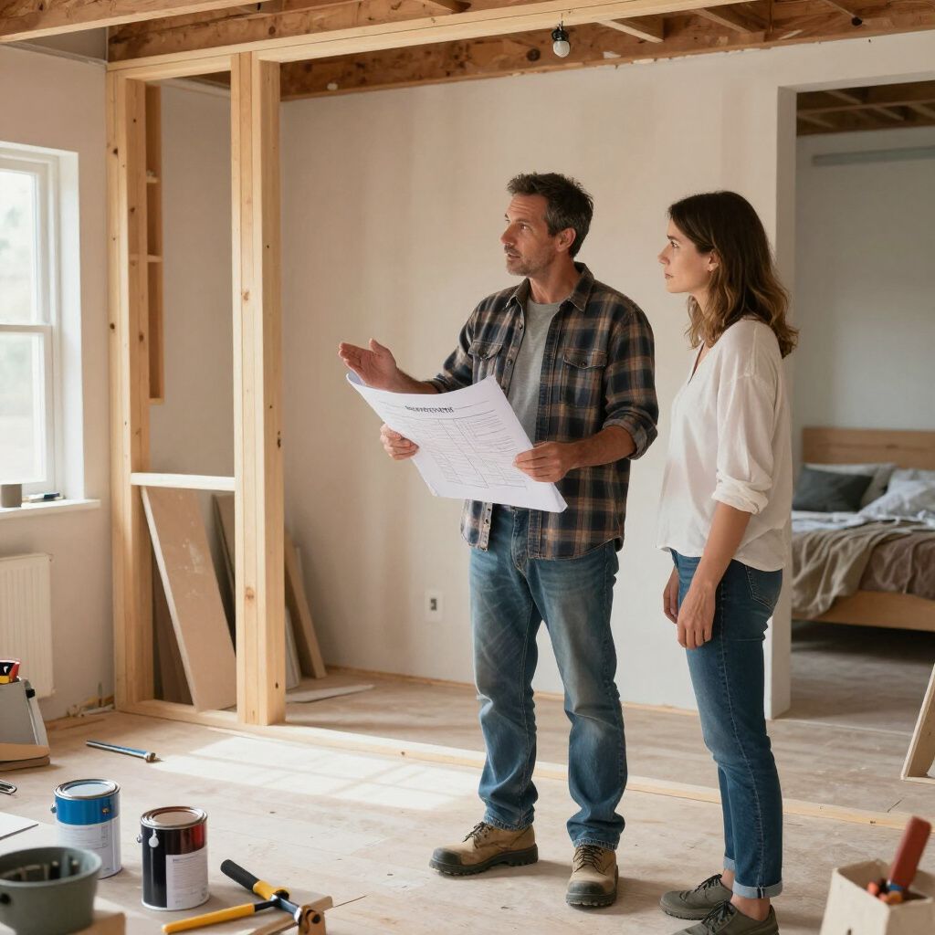 Un couple examine les plans d'une pièce en construction et discute des projets.