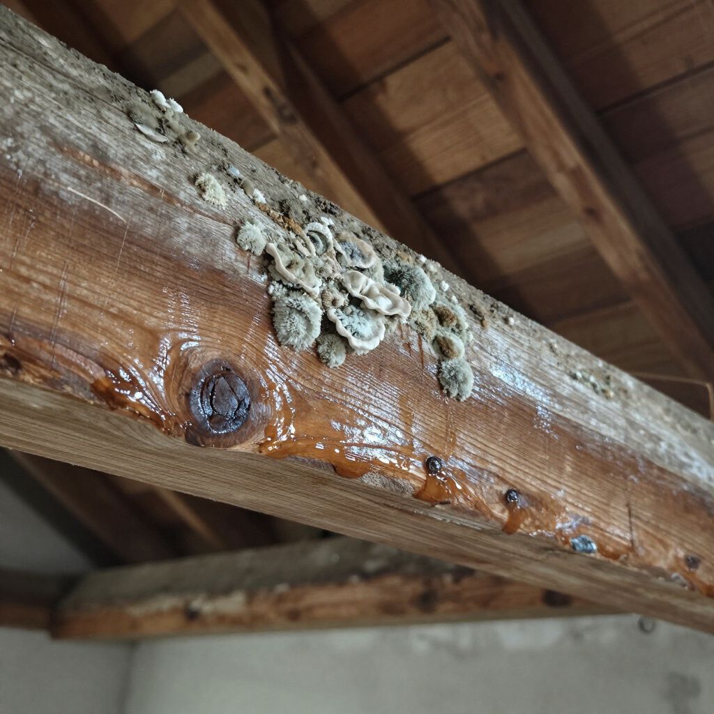Poutre en bois à l'intérieur d'un bâtiment, présentant des moisissures et un écoulement de liquide.