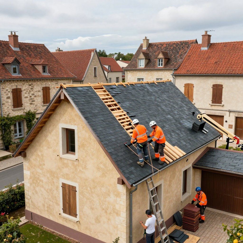 Des couvreurs posent des bardeaux sur le toit d'une maison dans un village. Les ouvriers portent des gilets orange ; l'un utilise une échelle, l'autre est sur le toit.
