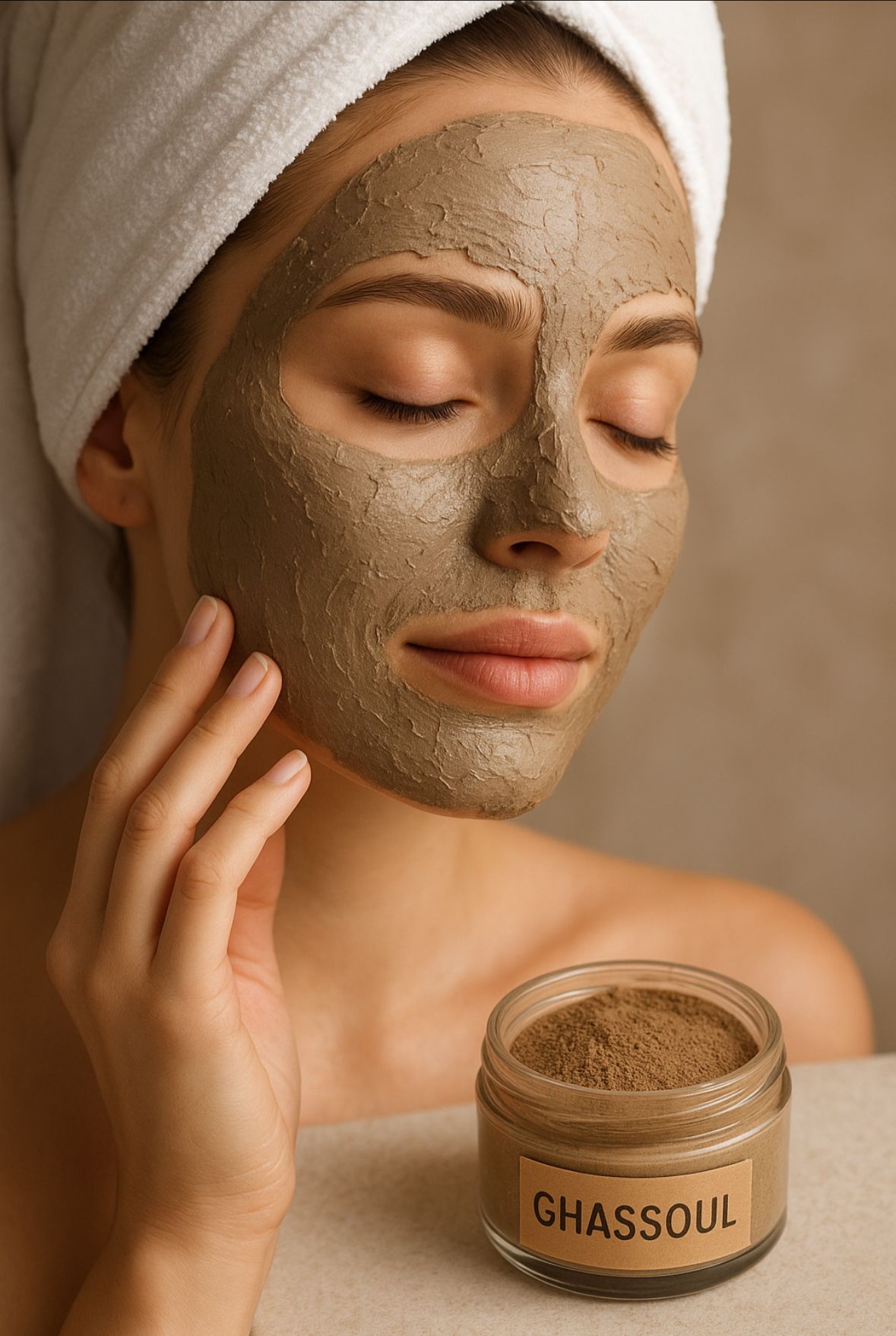 Vrouw met gezichtsmasker en pot met opschrift 
