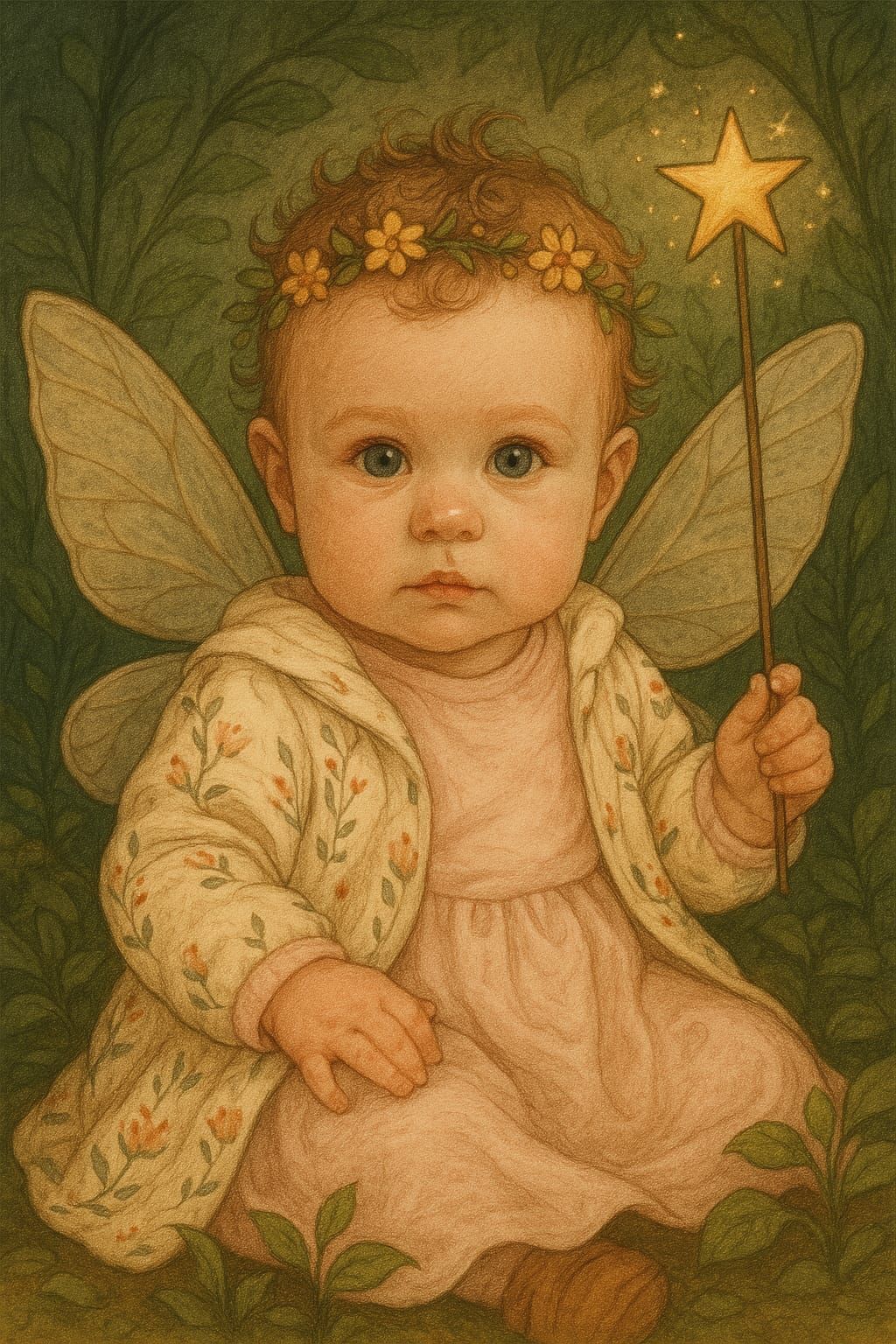 Baby met feeënvleugels, een gloeiende sterrenstaf in haar hand, en met een bloemenkroon en jasje op.