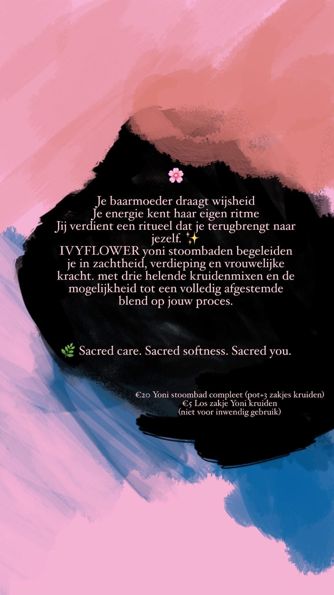 Abstracte achtergrond in roze en blauw met een zwart tekstvak, dat Poolse tekst en een klein bloemlogo bevat.