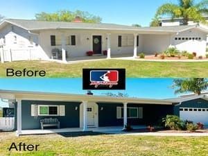 Before-and-after of a house exterior repaint, changing from white to dark blue with white trim.
