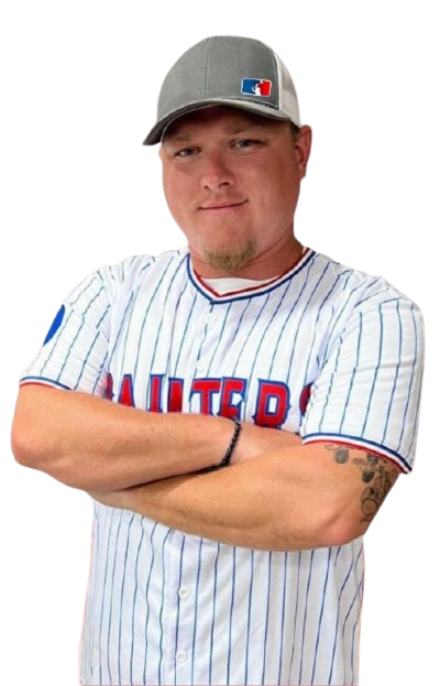 Baseball player in a white pinstripe jersey and gray cap, arms crossed, standing against a white background