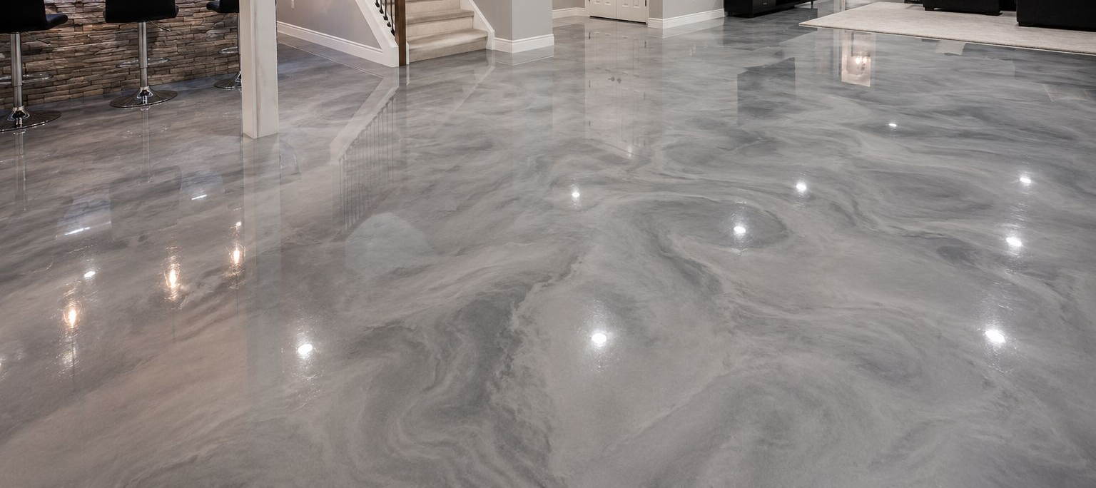 Shiny gray marble floor with swirling patterns and recessed lights in a modern interior