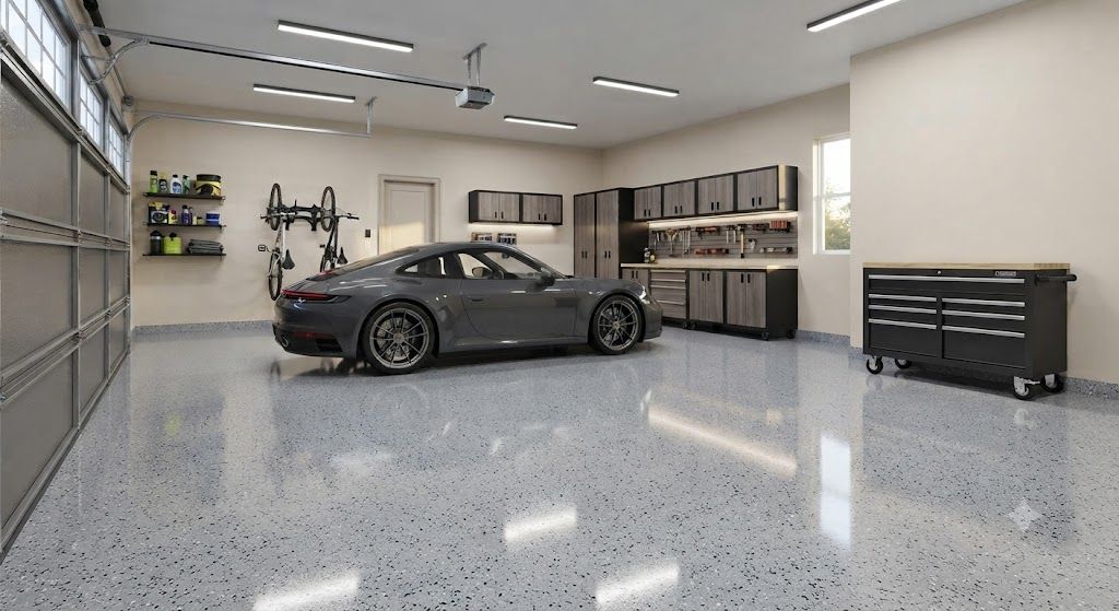 Modern garage with a gray sports car, glossy floor, and organized tools and storage cabinets.