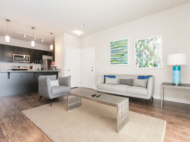Bright modern living room with gray sofa, armchair, coffee table, and open kitchen area