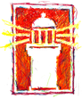 Abstract red and yellow sketch of a tall doorway or gate with a white center and radiating lines