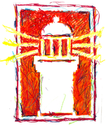 Abstract red and yellow sketch of a tall doorway or gate with a white center and radiating lines
