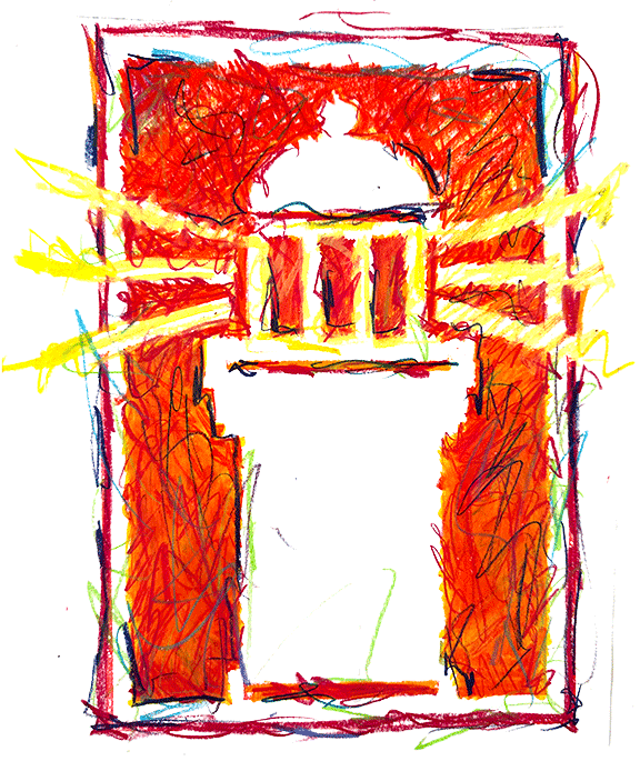 Abstract red and yellow sketch of a tall doorway or gate with a white center and radiating lines